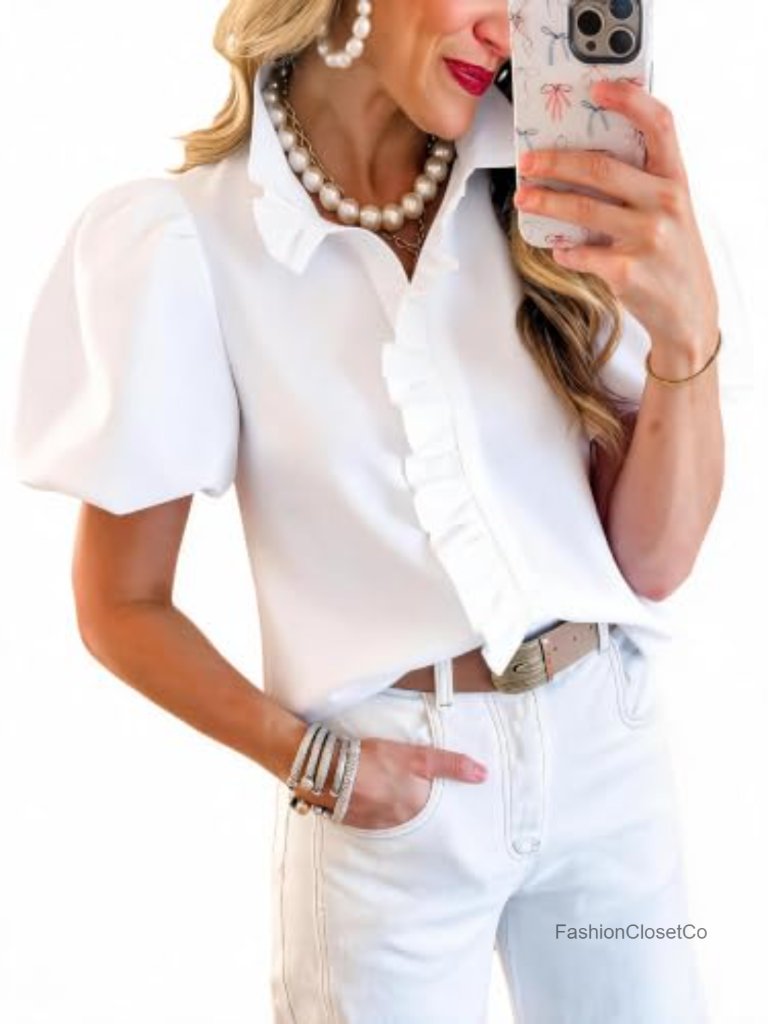 Puff Sleeve Plaid Blouse Ruffle Collar Button Down Top Women Summer